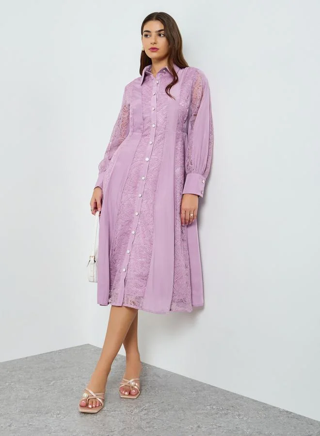 ستايلي فستان ميدي بتصميم قميص وأكمام بأساور للنساء